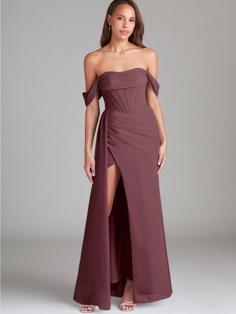 Sangria Sheath Off the Shoulder Chiffon Convertible Dress